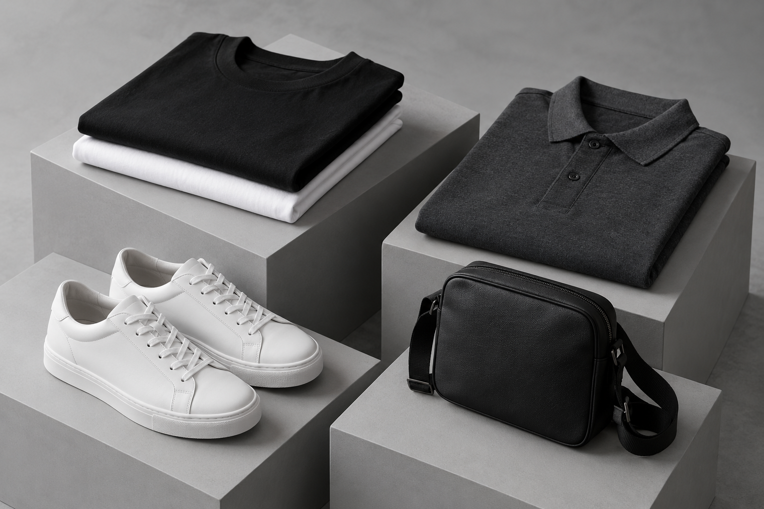 Pilihan fashion: kaus, polo, sneakers putih dan tas hitam